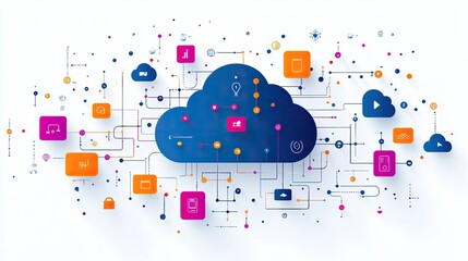 Poster - cloud api integration with interconnected clouds dat flow lines and digital elements representing cloud computing.illustration