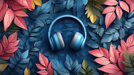 Wall Mural - earphones floating among plant elements representing guided meditation concept