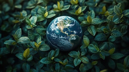 Poster - earth surrounded by green leaves symbolizing renewable resources and nature protection