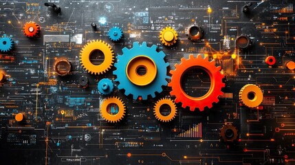 Fototapete - programming function concept with machine cogs and wheels presented as stylized doodle drawing symbolizing the interconnectedness and mechanics of coding and software development.image