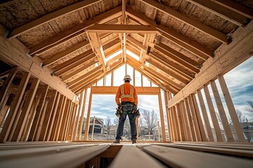 a worker building a wooden house frame, the winner of a stock photo contest. : Generative AI