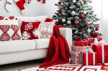 Aufkleber - A red and white Christmas-themed room with gifts under the tree : Generative AI