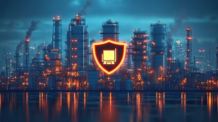 Poster - industrial landscape with protective shield symbolizing cybersecurity in manufacturing.image