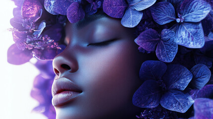 Beautiful young woman with purple flowers on her head