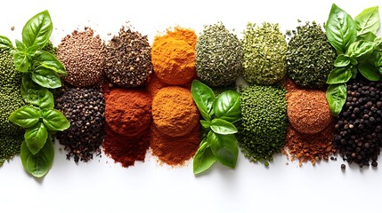 Colorful Arrangement of Ground Spices with Fresh Herbs