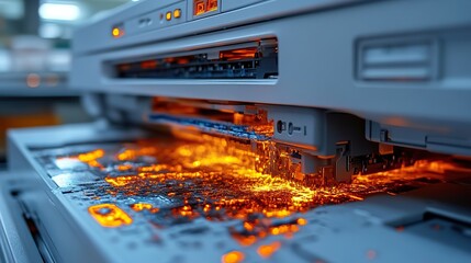 Poster - laser printer with damaged and leaking toner cartridge toner spread inside the printer.illustration
