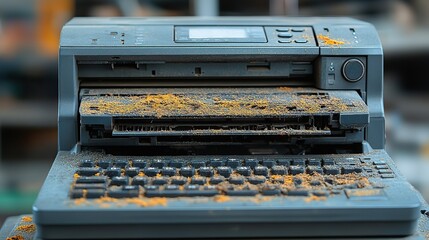 Poster - laser printer with damaged and leaking toner cartridge toner spread inside the printer.image