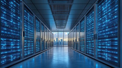 Poster - image of modern dat center with server racks representing the backbone of it infrastructure.image