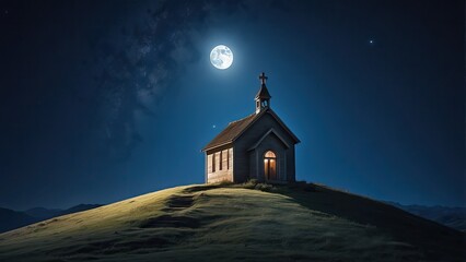 landscape with moon, building in the mountains 