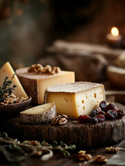 food photography of a cheese buffet. Wood planks with pieces of cheese and bread