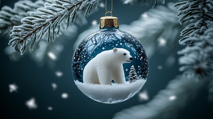 Poster - a glass Christmas ornament featuring a polar bear inside : Generative AI