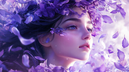 Wall Mural - Beautiful young woman with purple flowers on her head