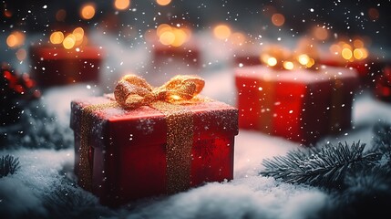 Aufkleber - Christmas gift boxes glowing with warm lights and Christmas decorations.  : Generative AI