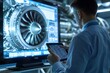 © useful pictures - Technician analyzes jet engine performance data using a tablet and large display in a modern aviation facility
