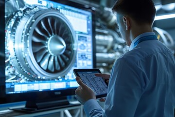 technician analyzes jet engine performance data using a tablet and large display in a modern aviatio