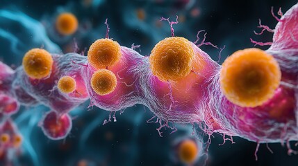 Poster - microscopic view of cancer cells targeted by immunotherapy showcasing the interaction between immune cells and malignant cells