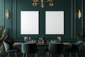 Poster - two vertical aspect ratio white plain framed poster hanging on a wall : Generative AI
