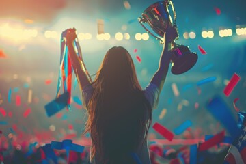 Sticker - A woman celebrates her victory, holding a trophy with confetti falling around her. AI.