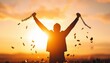 A person triumphantly raises broken chains against a vibrant sunset, symbolizing freedom and liberation.
