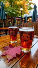 Poster - A glass of beer with a pumpkin on it on a wooden table with a red leaf. AI.