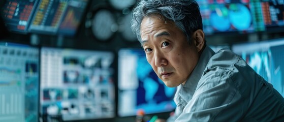 Canvas Print - A man looks intently at computer monitors. AI.