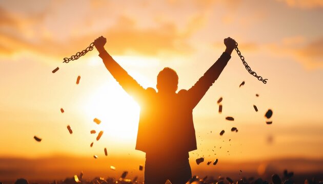 A person triumphantly raises broken chains against a vibrant sunset, symbolizing freedom and liberation.