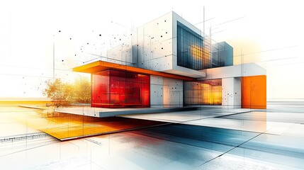Poster - modern architectural creativity with playful design elements featuring abstract buildings and shapes complemented by ruler stylized abstractcapturing innovative design concepts.illustration