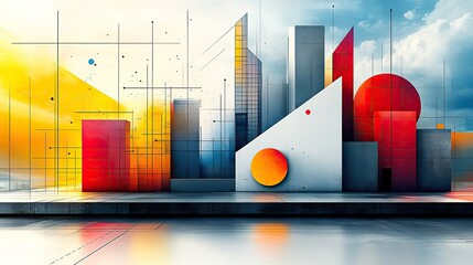 Poster - modern architectural creativity with playful design elements featuring abstract buildings and shapes complemented by ruler stylized abstractcapturing innovative design concepts.stock image