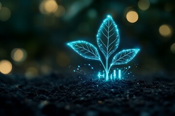 Poster - A digital tree sprout growing on black soil with a digital light effect background.  : Generative AI
