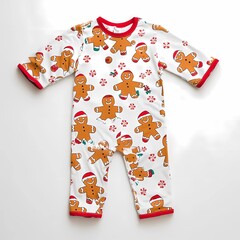 Wall Mural - A children's Christmas pajama set featuring a gingerbread man print, laid flat on a clean white background, emphasizing the fun and festive pattern