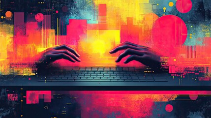 Poster - modern hands on learning and collaboration in the digital age featuring hands keyboard and abstract shapes in stylized abstract illustration