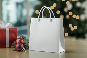 Poster - Mockup empty, front view of white shopping bag, christmas background : Generative AI