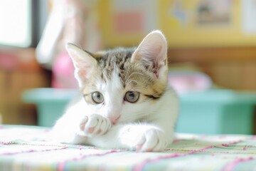 Wall Mural - A cute kitten with big eyes looks directly at the camera. AI.