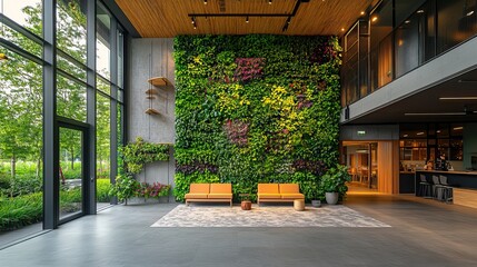 Poster - modern office interior boasting lush green living wall incorporating sustainable design with vibrant flor and faun reflecting nature friendly company ethos.illustration