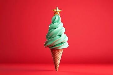 Aufkleber - A whimsical Christmas-themed ice cream cone shaped like a Christmas tree.  : Generative AI