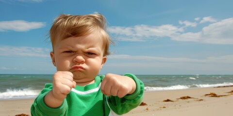 Wall Mural - A little kid makes a fist at the camera on a sandy beach. AI.