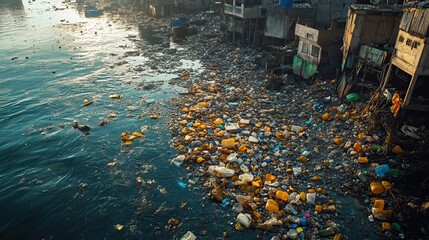 Wall Mural - ocean filled with plastic waste spelling hazard highlighting the environmental threat of plastic pollution.image