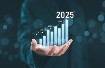 Businesswoman holding glowing virtual technical graph and chart for analysis stock market in 2025, technology investment and value investment concept.