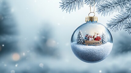 Poster - Stock photo of a glass ornament with a miniature sleigh and presents inside : Generative AI