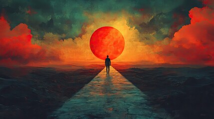 Poster - person standing at crossroads in stylized collage stylefacing the challenge of making decision about life career and future direction choices in personal growth.illustration