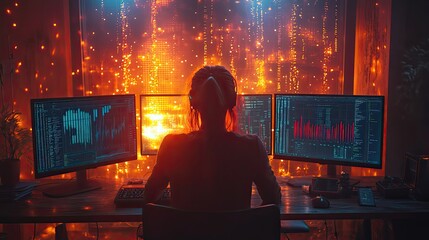Poster - person working at desk with multiple monitors surrounded by dat charts and illuminated by fairy lights symbolizing dat analysis and creativity.image
