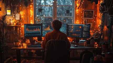 Poster - person working at desk with multiple monitors surrounded by dat charts and illuminated by fairy lights symbolizing dat analysis and creativity.stock image