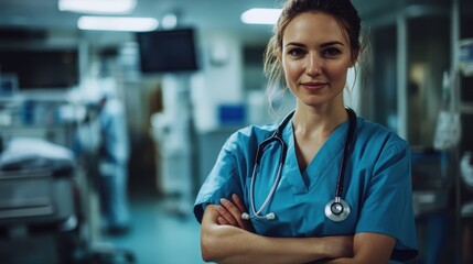 A young European female nurse stands confidently in a hospital setting, wearing scrubs and a stethoscope. She embodies professionalism and care in healthcare.