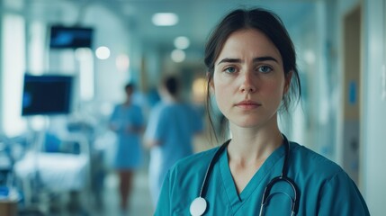 Portrait of a young female nurse standing in a hospital corridor, showcasing professionalism and dedication within a healthcare setting.