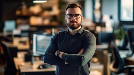 A confident young European male IT specialist poses in a modern office, showcasing professionalism and expertise. Ideal for tech-related themes and business environments.