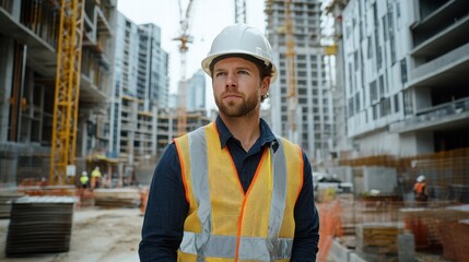 A young male engineer stands confidently on a busy construction site, wearing a hard hat and safety vest, ready to oversee the building project around him.