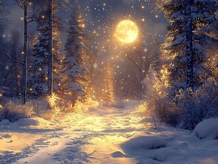 Poster - moonlit snowy forest, enchanted winter woods, magical forest night : Generative AI