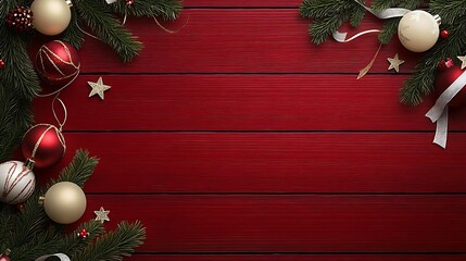 Poster - Christmas background with ribbons, baubles, and pine branches on a red wooden surface.  : Generative AI