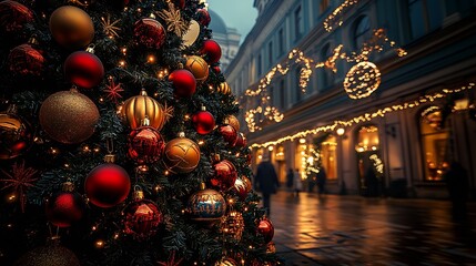 Aufkleber - detail of a Christmas very big tree with many exaggerated decorations, in a background night square, photographic style : Generative AI