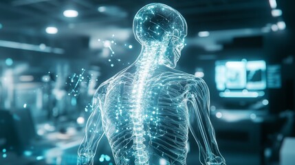 Leinwandbilder - A transparent human skeleton model highlights the spine in a futuristic laboratory, showcasing advanced technology and research tools in the background, enhancing the scientific atmosphere.